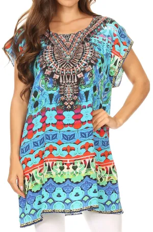 Sakkas Lesedi Top Blouse With Cap Sleeves Colorful Print and Rhinestones