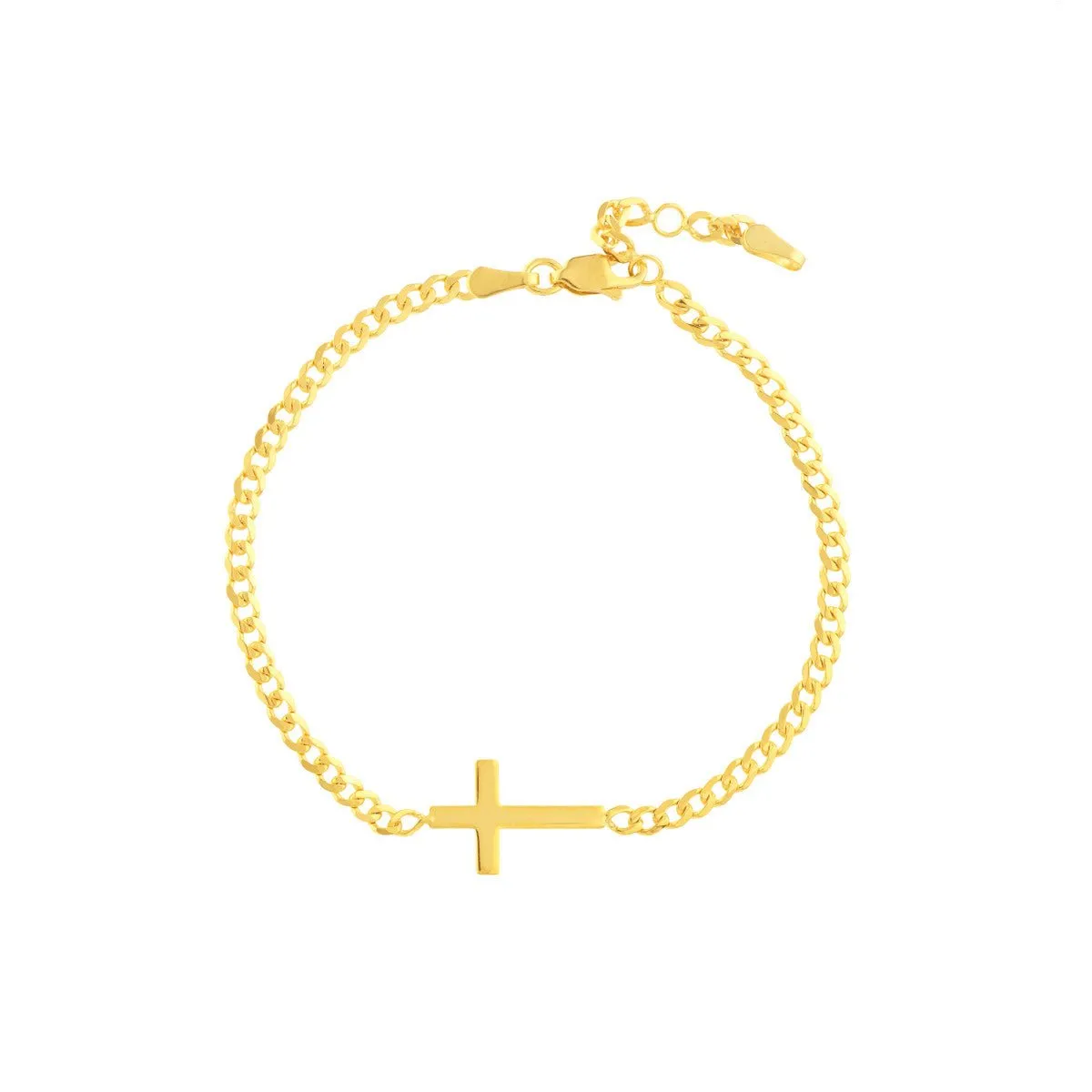 14K Yellow Gold Cross on Curb Chain Adjustable Bracelet