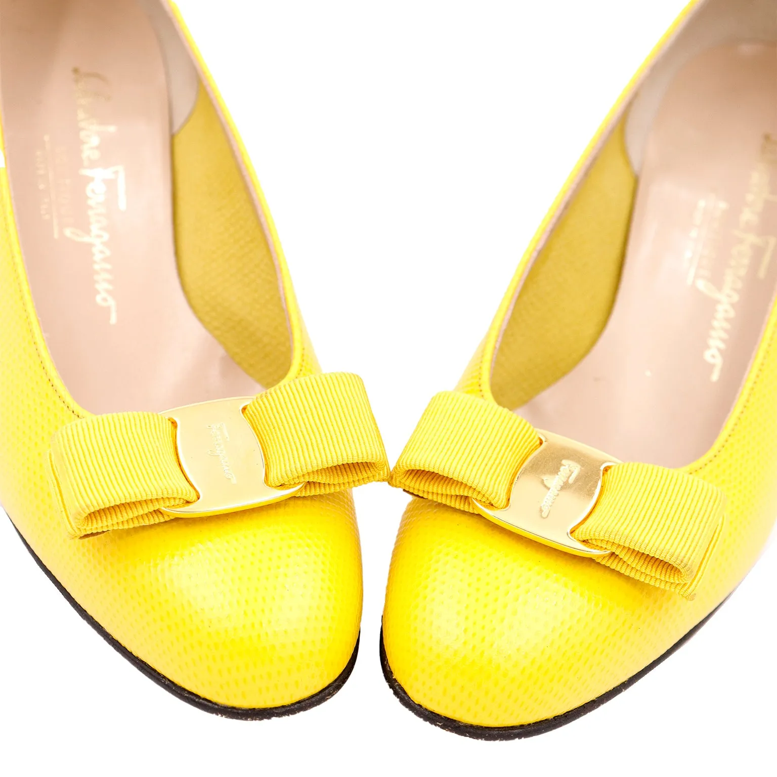 1980s Salvatore Ferragamo Yellow Snakeskin Embossed Leather Bow Shoes