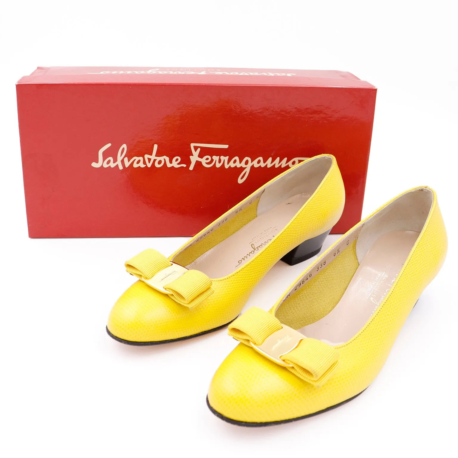 1980s Salvatore Ferragamo Yellow Snakeskin Embossed Leather Bow Shoes