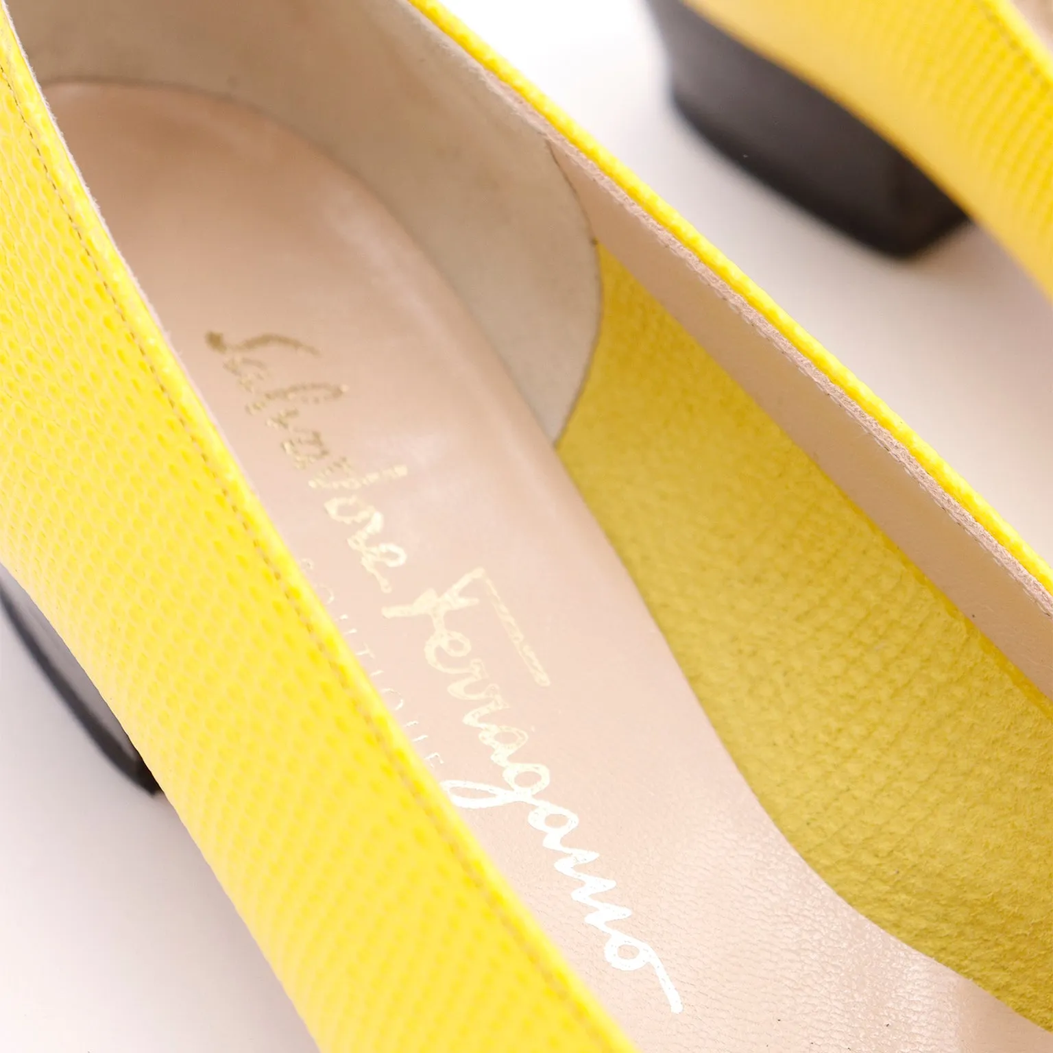 1980s Salvatore Ferragamo Yellow Snakeskin Embossed Leather Bow Shoes