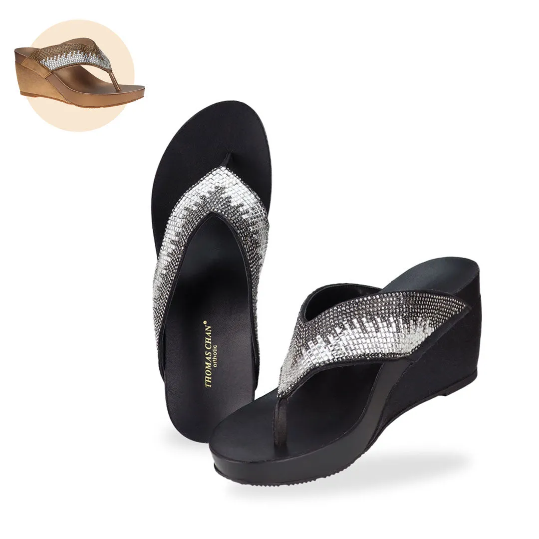 [20% off at cart] Suede Rhinestone Wedge Flip Flops