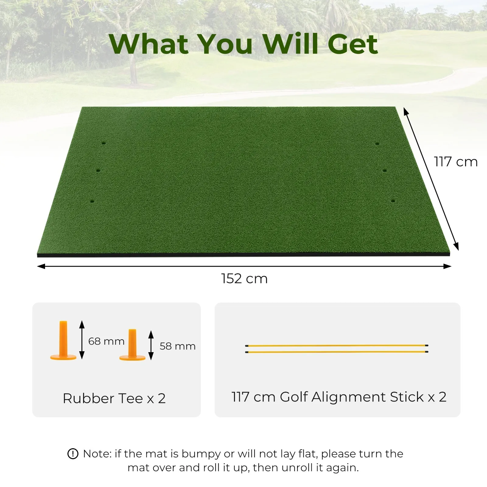 25 mm Golf Hitting Mat with 2 Rubber Tees and 2 Alignment Sticks-L