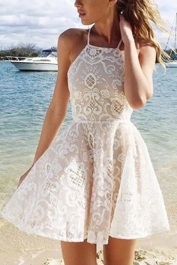 A-line Ivory Criss-Cross Straps Lace Sleeveless Homecoming Dress PD015