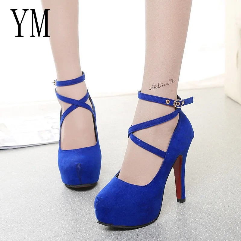 Amozae-Hot Shoes Woman Pumps Cross-tied Ankle Strap Wedding Party Shoes Platform dress Women Shoes High Heels Suede ladies shoes Big 42