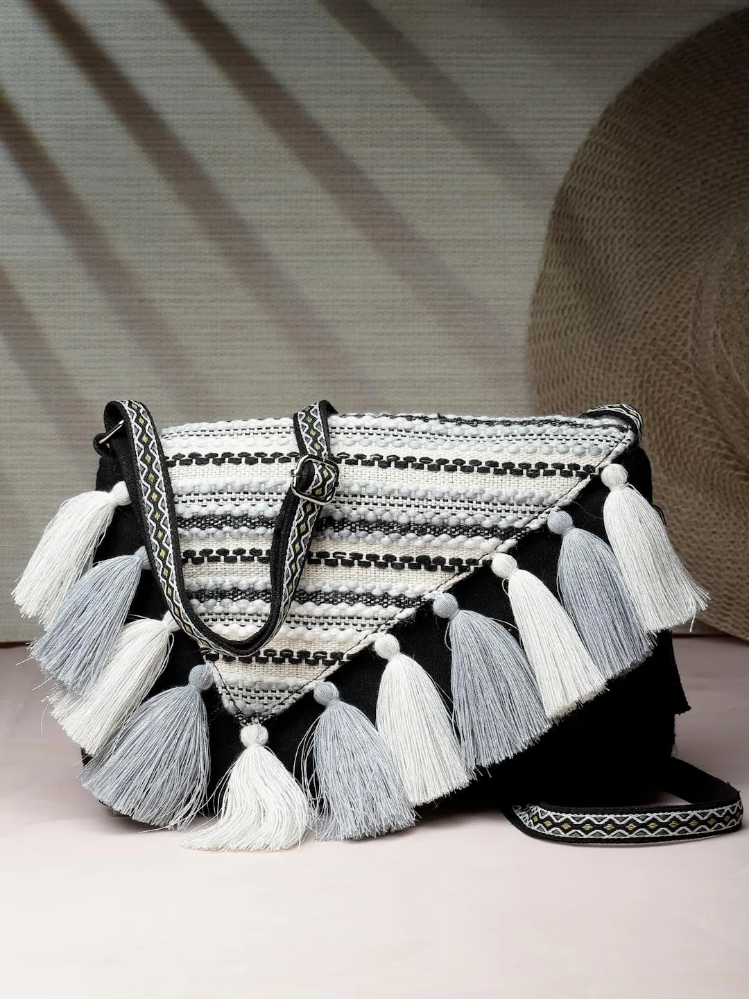 Anekaant Geomat Black & Silver Striped Jacquard Cotton Canvas Sling Bag