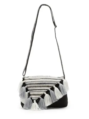 Anekaant Geomat Black & Silver Striped Jacquard Cotton Canvas Sling Bag