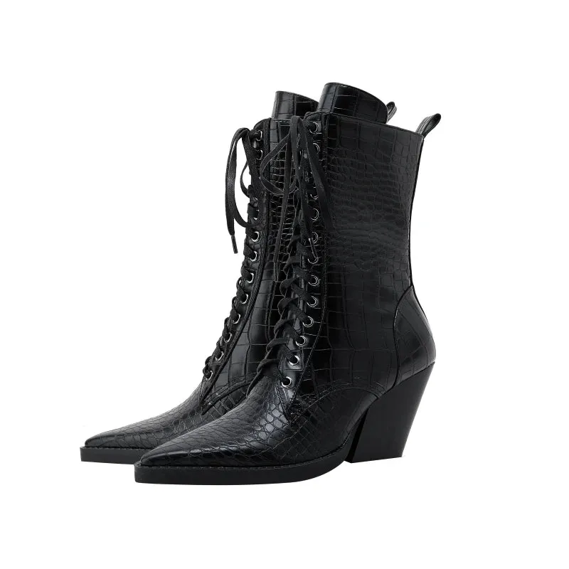 Autumn Witch Ankle Boots Serpentine Microfiber Lace Up Pointed Toe Boots