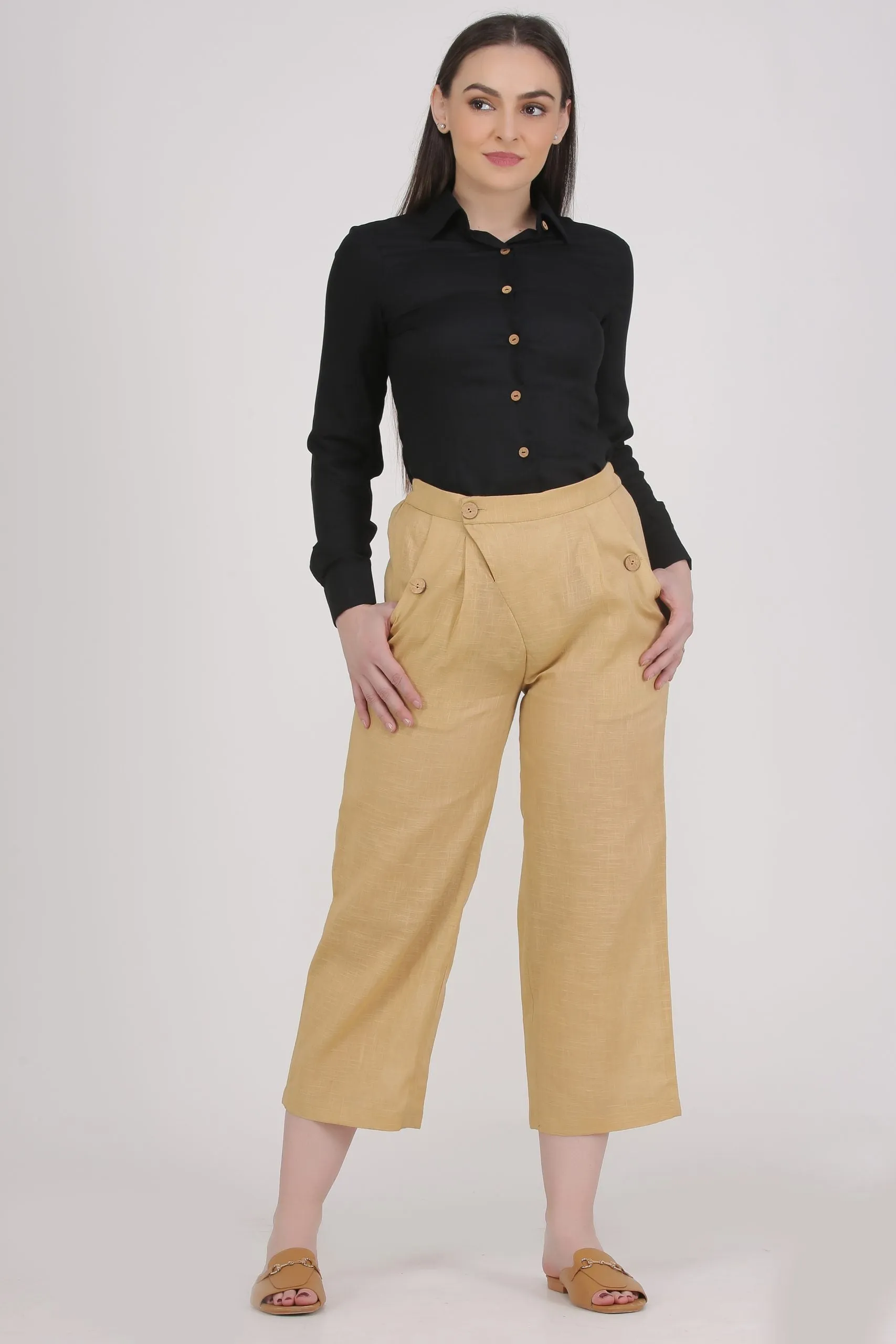 Beige Cotton Women's Crop Pants