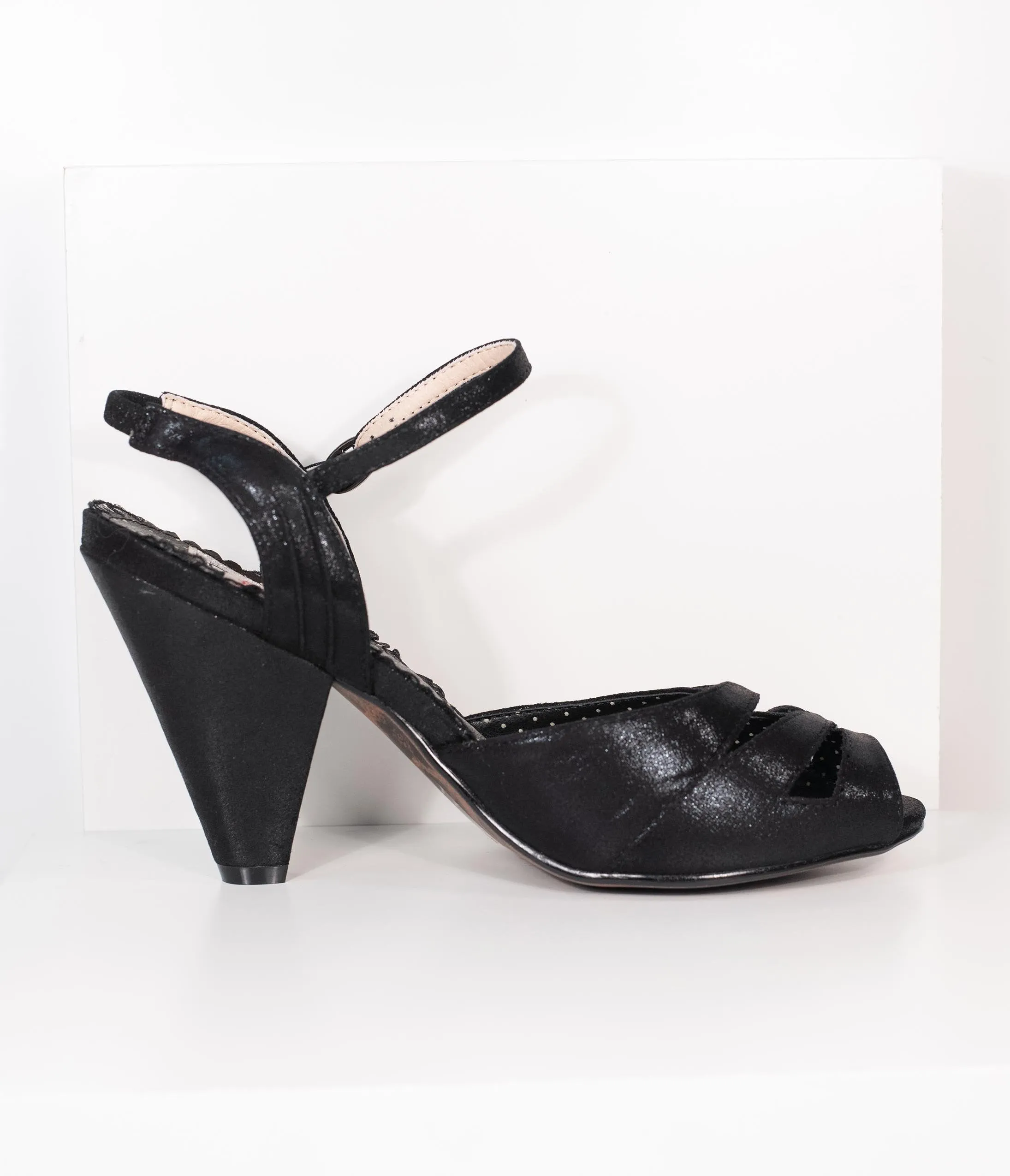 Bettie Page Black Metallic Peep Toe Maria Heels