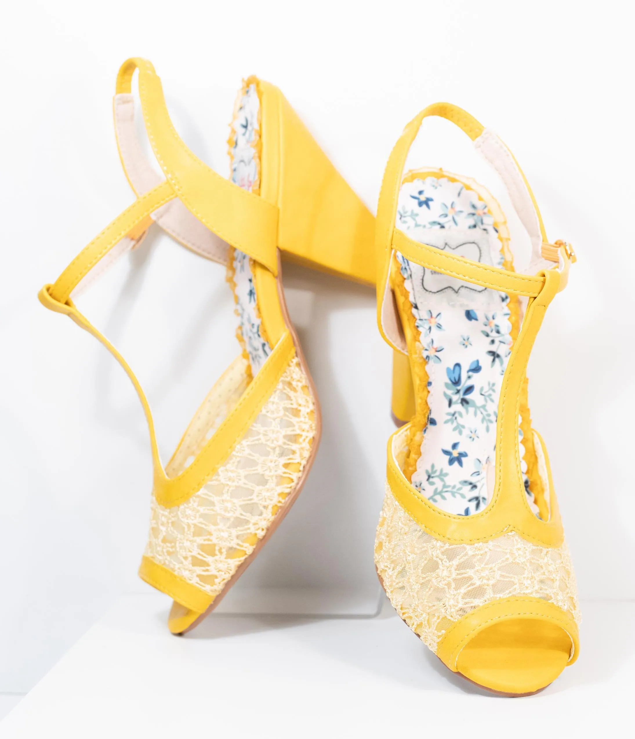 Bettie Page Yellow Lace Brooklyn T-Strap Heels