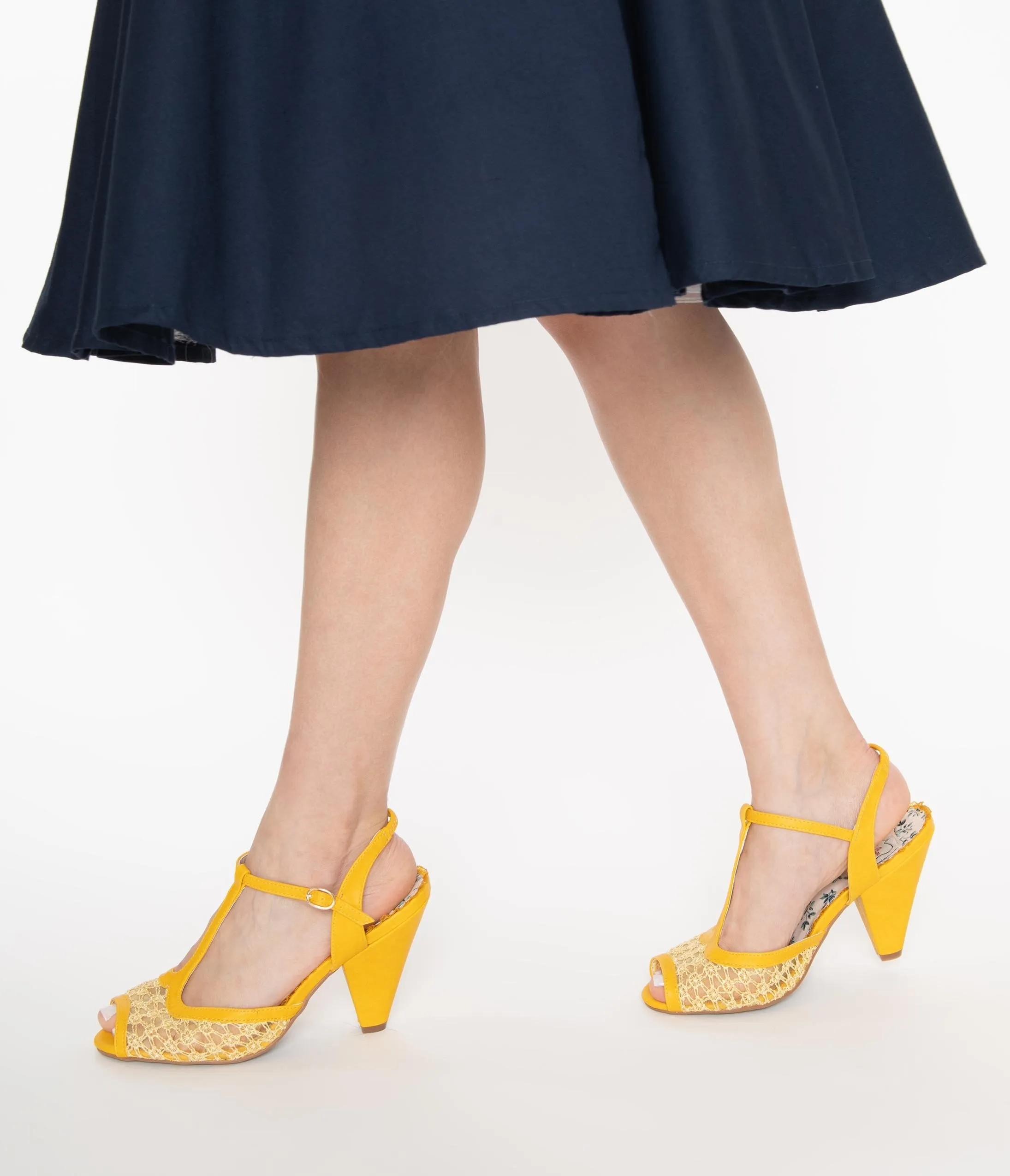 Bettie Page Yellow Lace Brooklyn T-Strap Heels