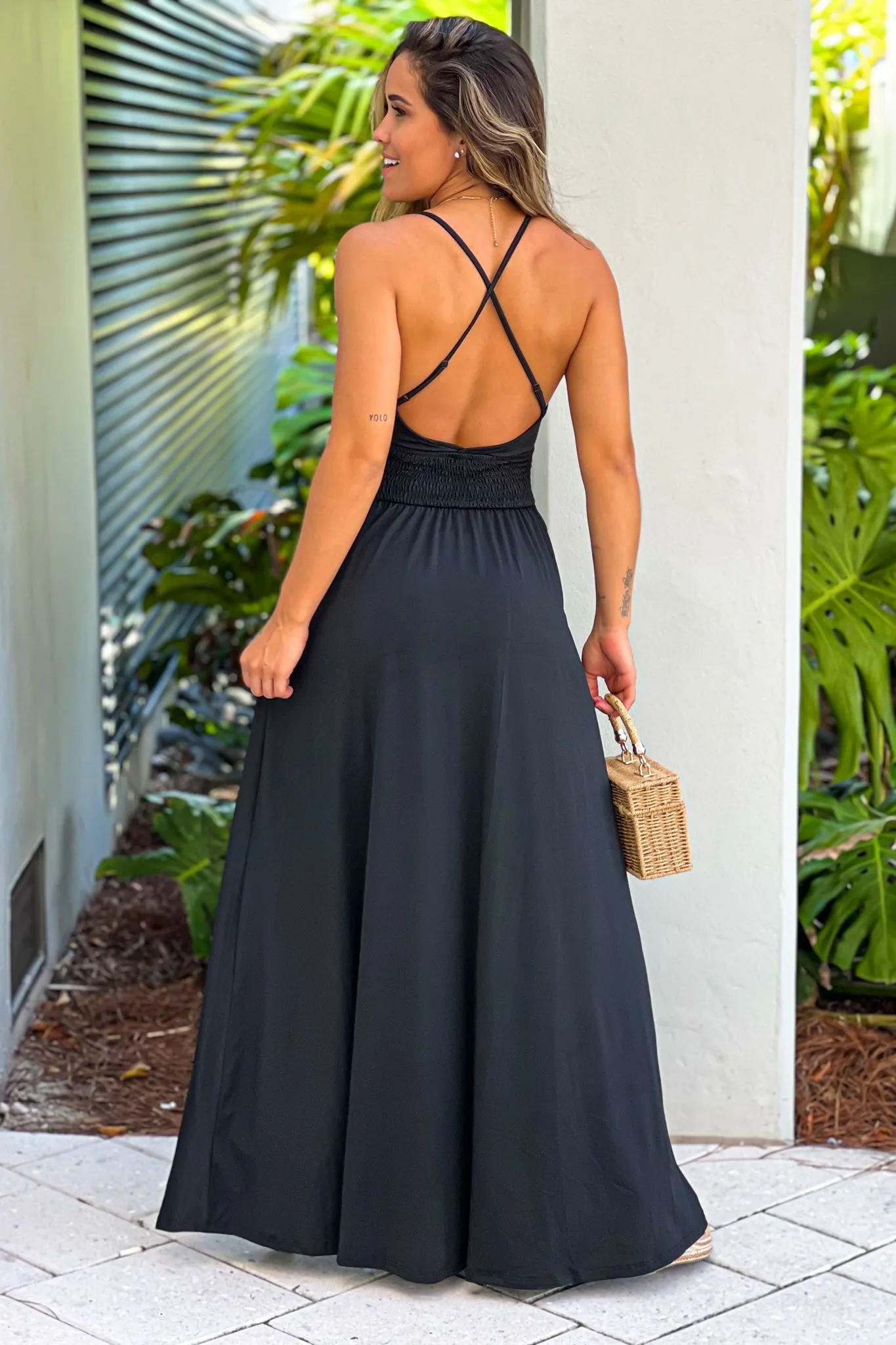 Black Maxi Dress with Criss Cross Back and Side Slit