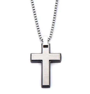 Black Plated & Stainless Steel Cross Pendant with 22" Chain