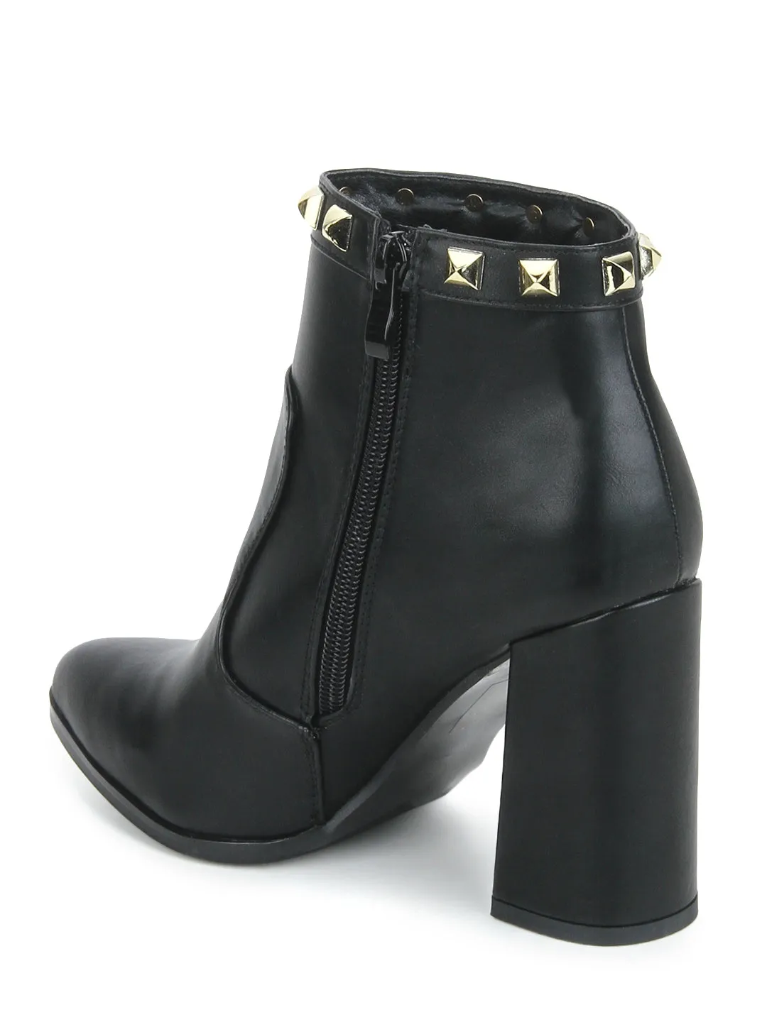 Black Pu Stud Detail Block Heel Boots