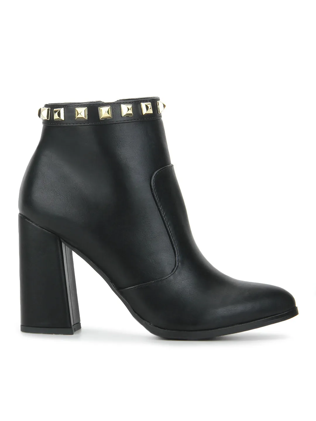 Black Pu Stud Detail Block Heel Boots