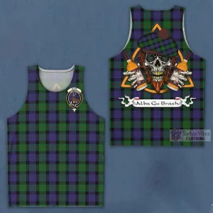 Blair Tartan Men's Tank Top with Family Crest and Bearded Skull Holding Bottles of Whiskey