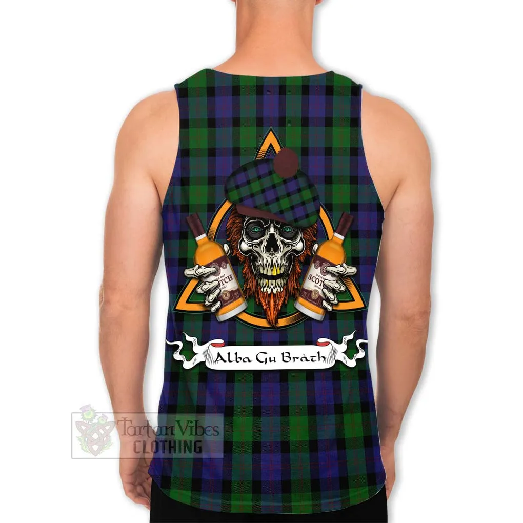 Blair Tartan Men's Tank Top with Family Crest and Bearded Skull Holding Bottles of Whiskey