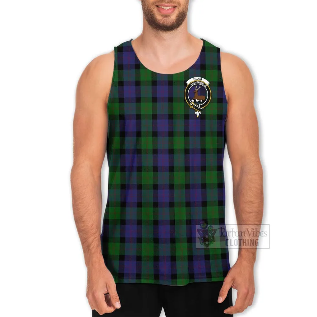 Blair Tartan Men's Tank Top with Family Crest and Bearded Skull Holding Bottles of Whiskey