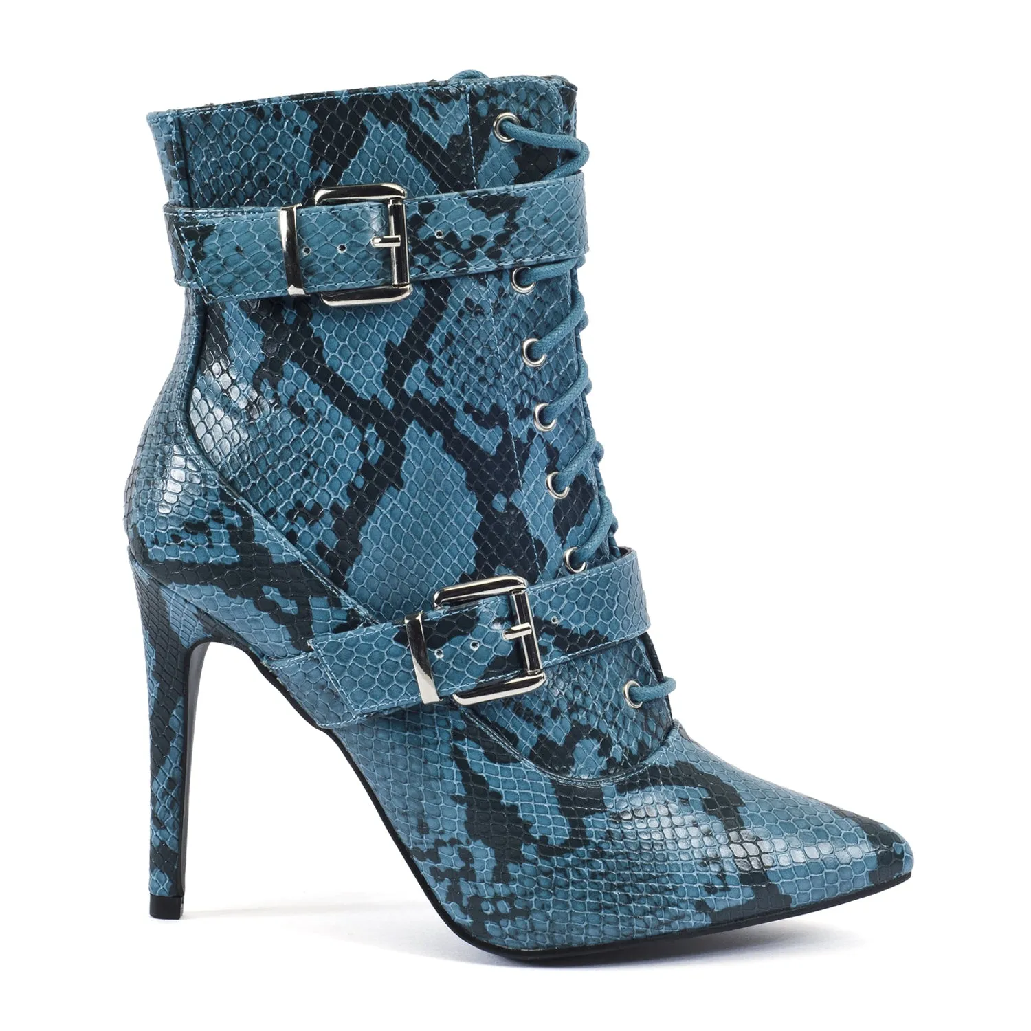 Blue Snake Buckle Detail Lace Up Ankle Boots