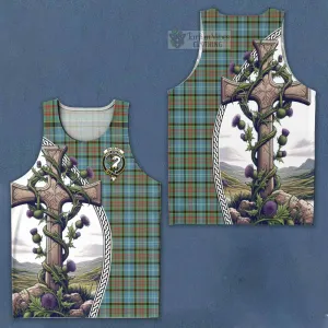 Brisbane Tartan Men's Tank Top with Family Crest and St. Andrew's Cross Accented by Thistle Vines