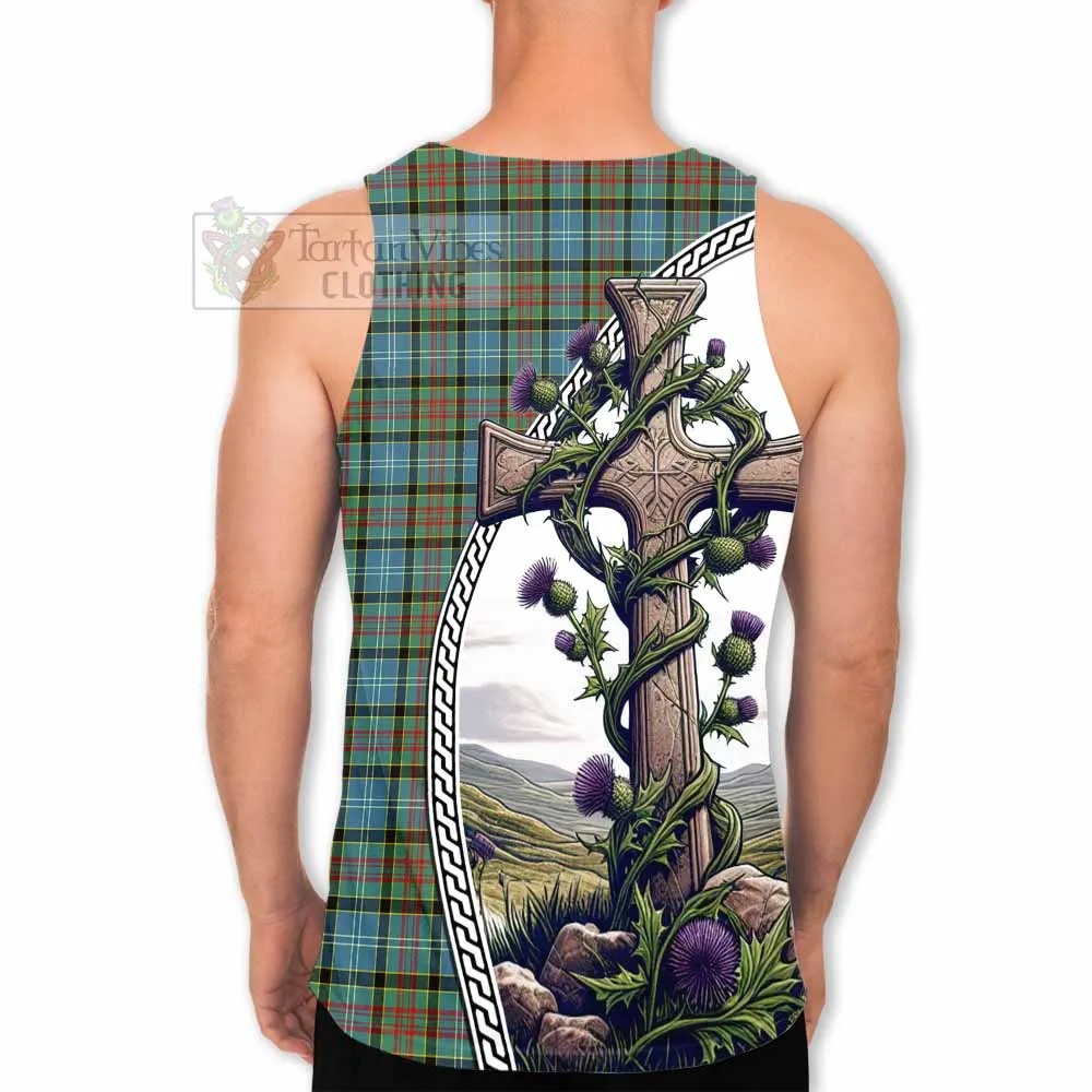 Brisbane Tartan Men's Tank Top with Family Crest and St. Andrew's Cross Accented by Thistle Vines