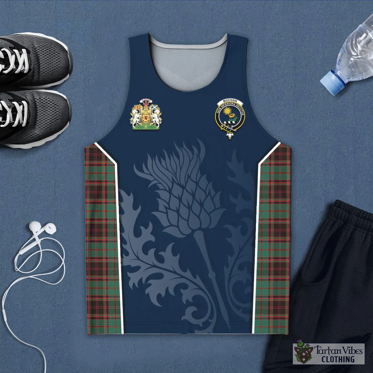 Buchan Ancient Tartan Men's Tanks Top with Family Crest and Scottish Thistle Vibes Sport Style