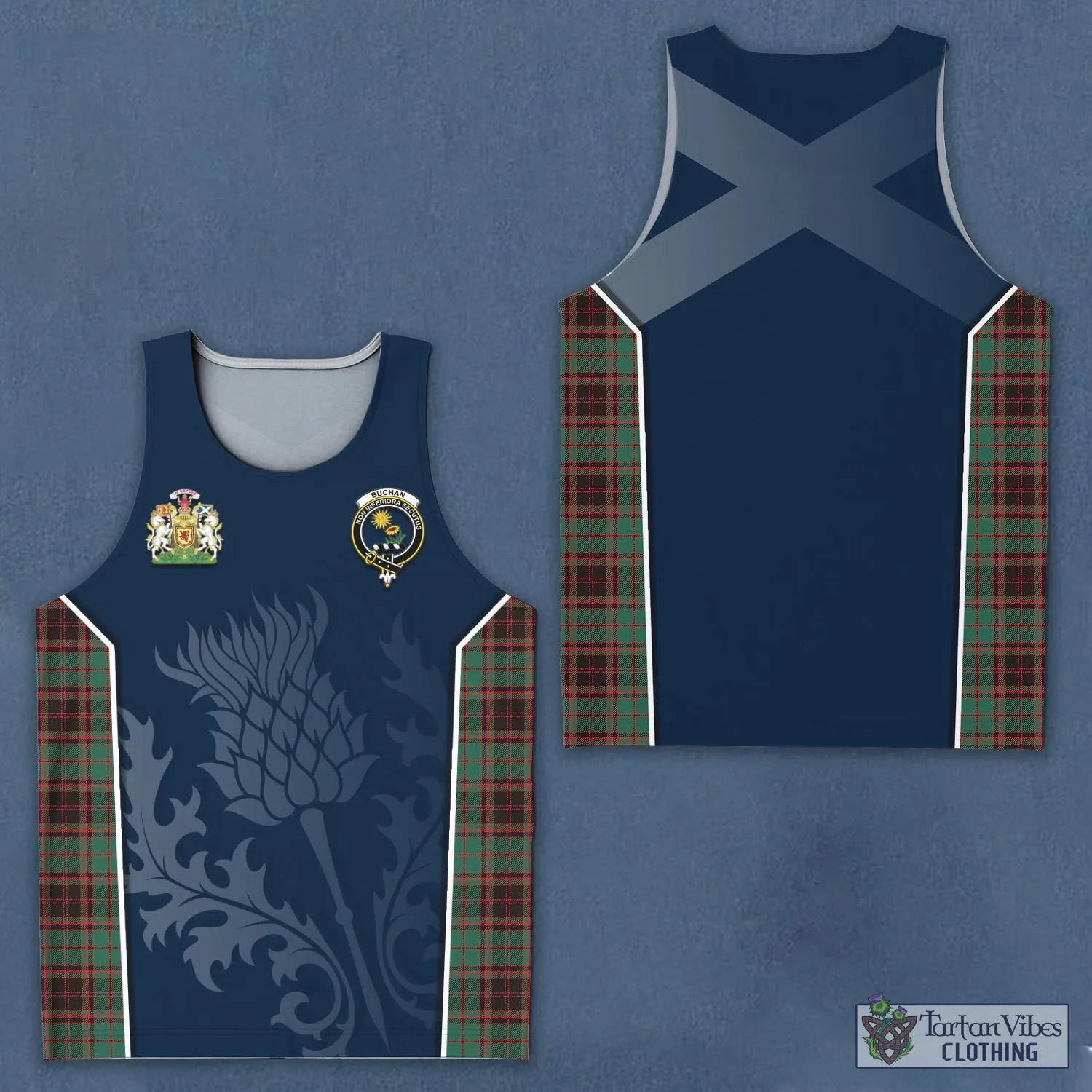 Buchan Ancient Tartan Men's Tanks Top with Family Crest and Scottish Thistle Vibes Sport Style