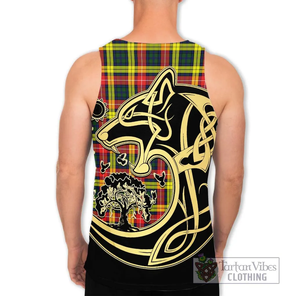 Buchanan Modern Tartan Men's Tank Top with Family Crest Celtic Wolf Style