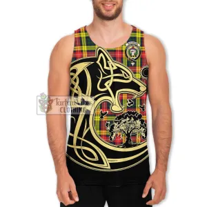 Buchanan Modern Tartan Men's Tank Top with Family Crest Celtic Wolf Style