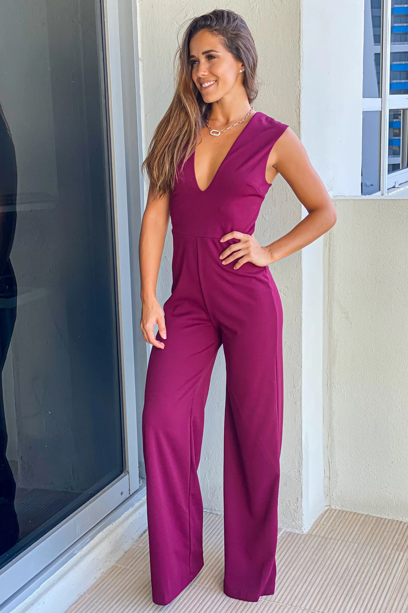 Burgundy V-Neck Jumpsuit with Criss Cross Back