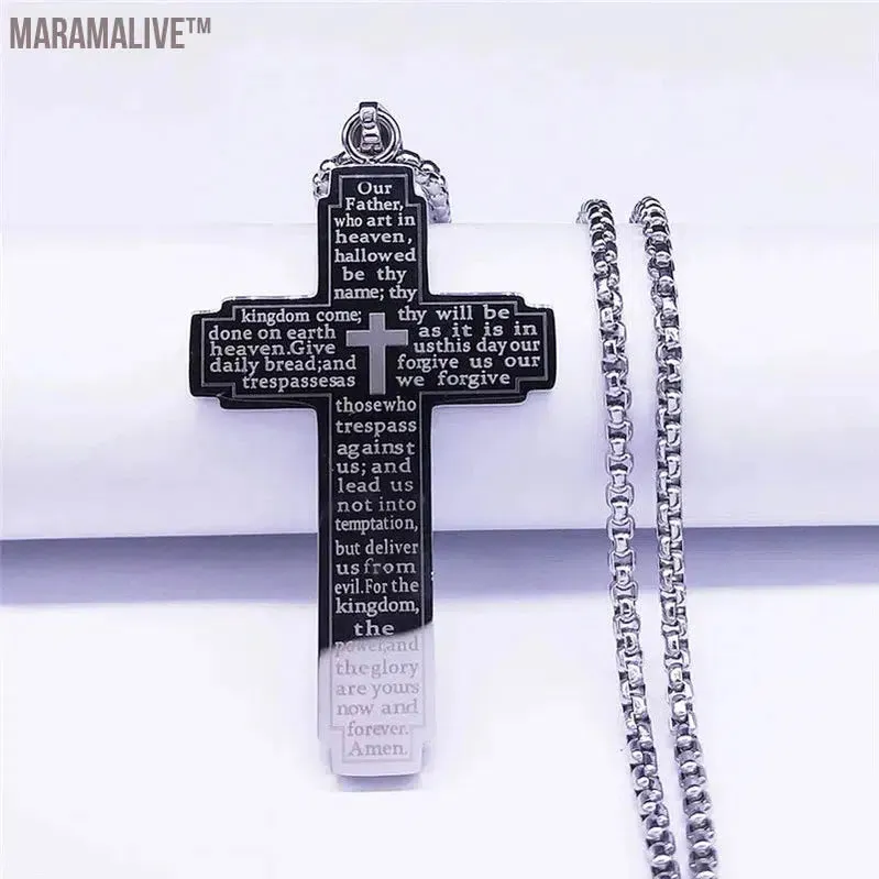 Christian Bible Cross Chain Necklace Stainless Steel Pendant Necklace for Men Religious Prayer Jesus Jewelry corrente masculina