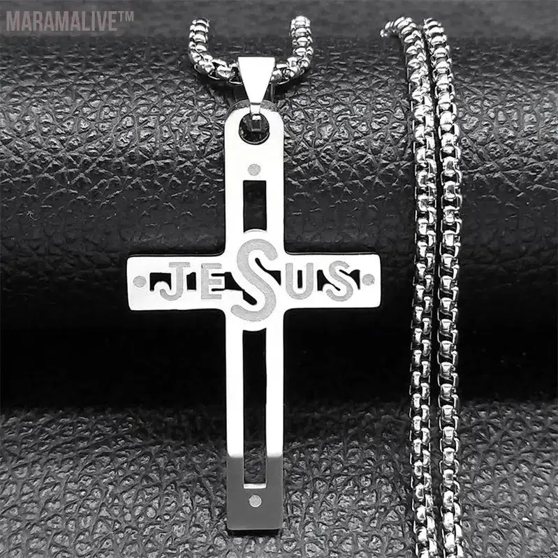 Christian Bible Cross Chain Necklace Stainless Steel Pendant Necklace for Men Religious Prayer Jesus Jewelry corrente masculina