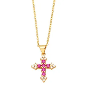 Colorful Cubic Zirconia Cross Pendant Necklace - Rose Red