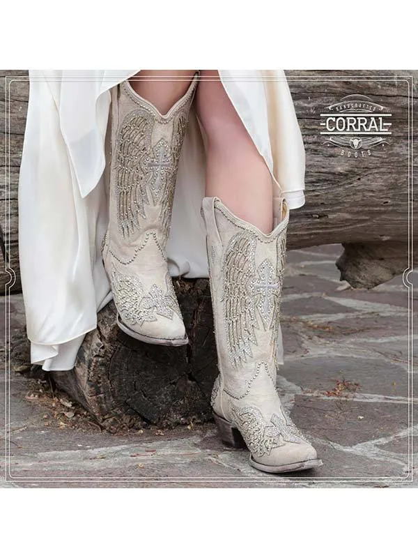 Corral Ladies White Winged Cross Glitter Overlay Boots Style A3571