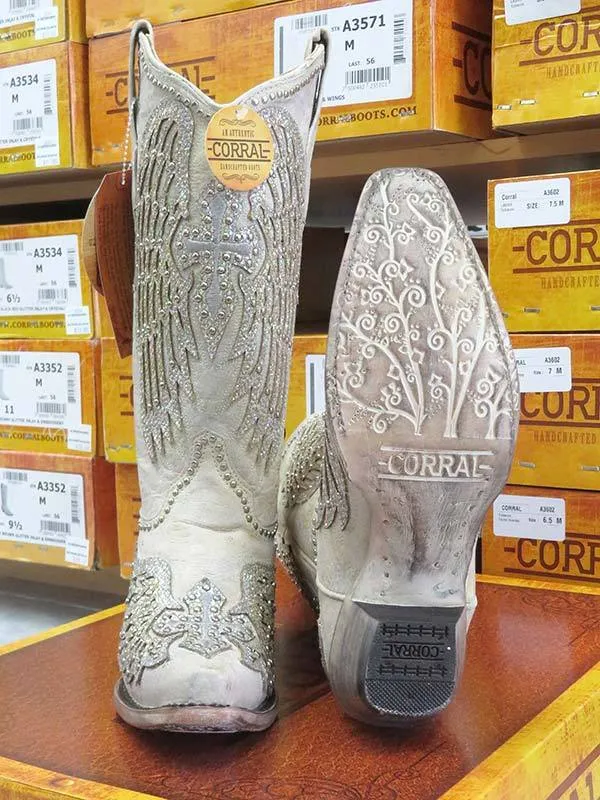 Corral Ladies White Winged Cross Glitter Overlay Boots Style A3571