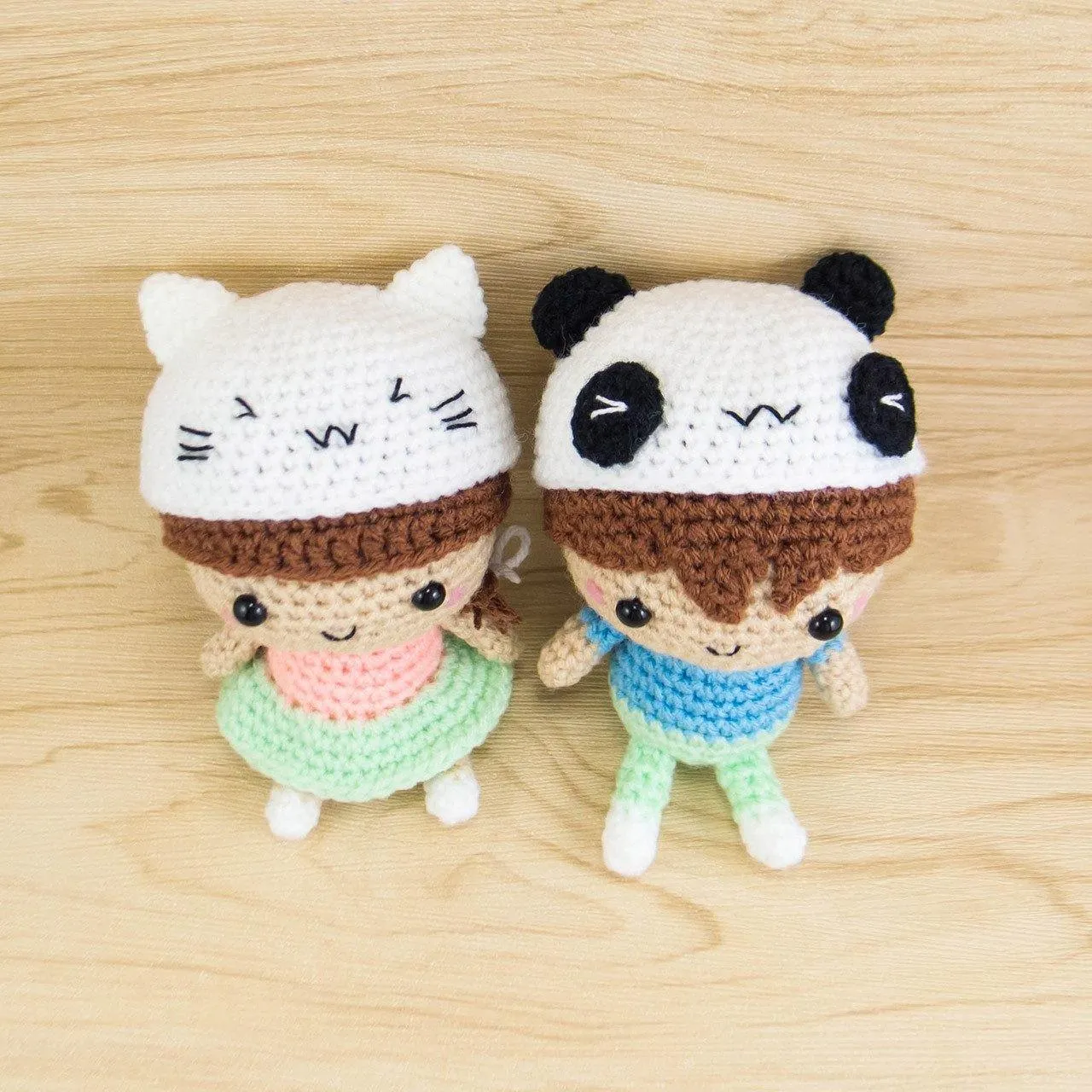 Crochet Couple Dolls Amigurumi - Boy with Panda Hat and Girl with Cat Hat