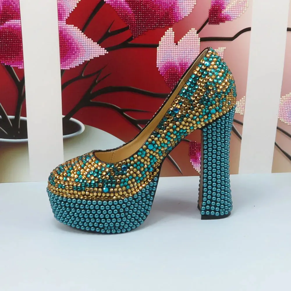 Crystal Teal Blue and Gold Platform Shoes and Matching Clutch Bag Set