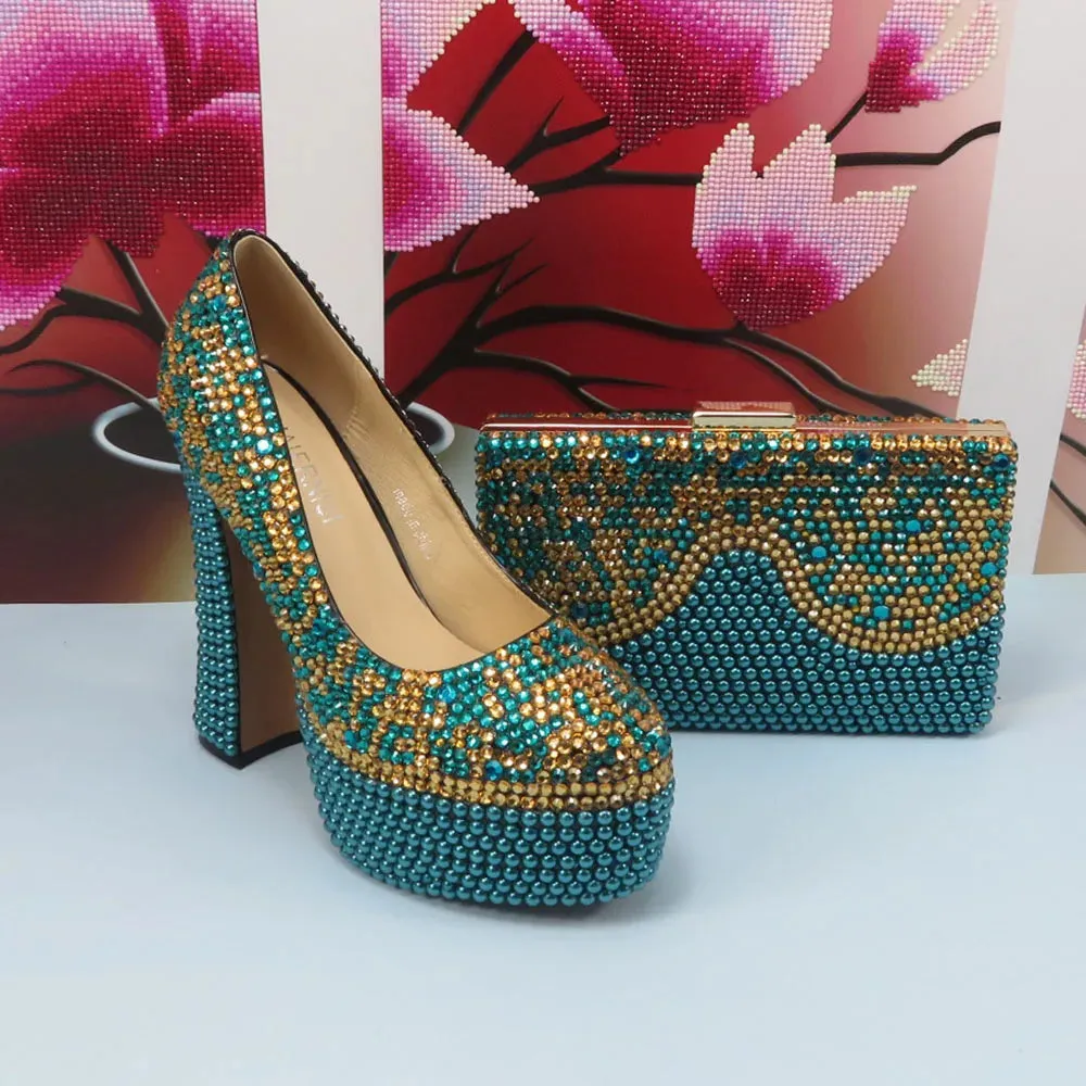 Crystal Teal Blue and Gold Platform Shoes and Matching Clutch Bag Set