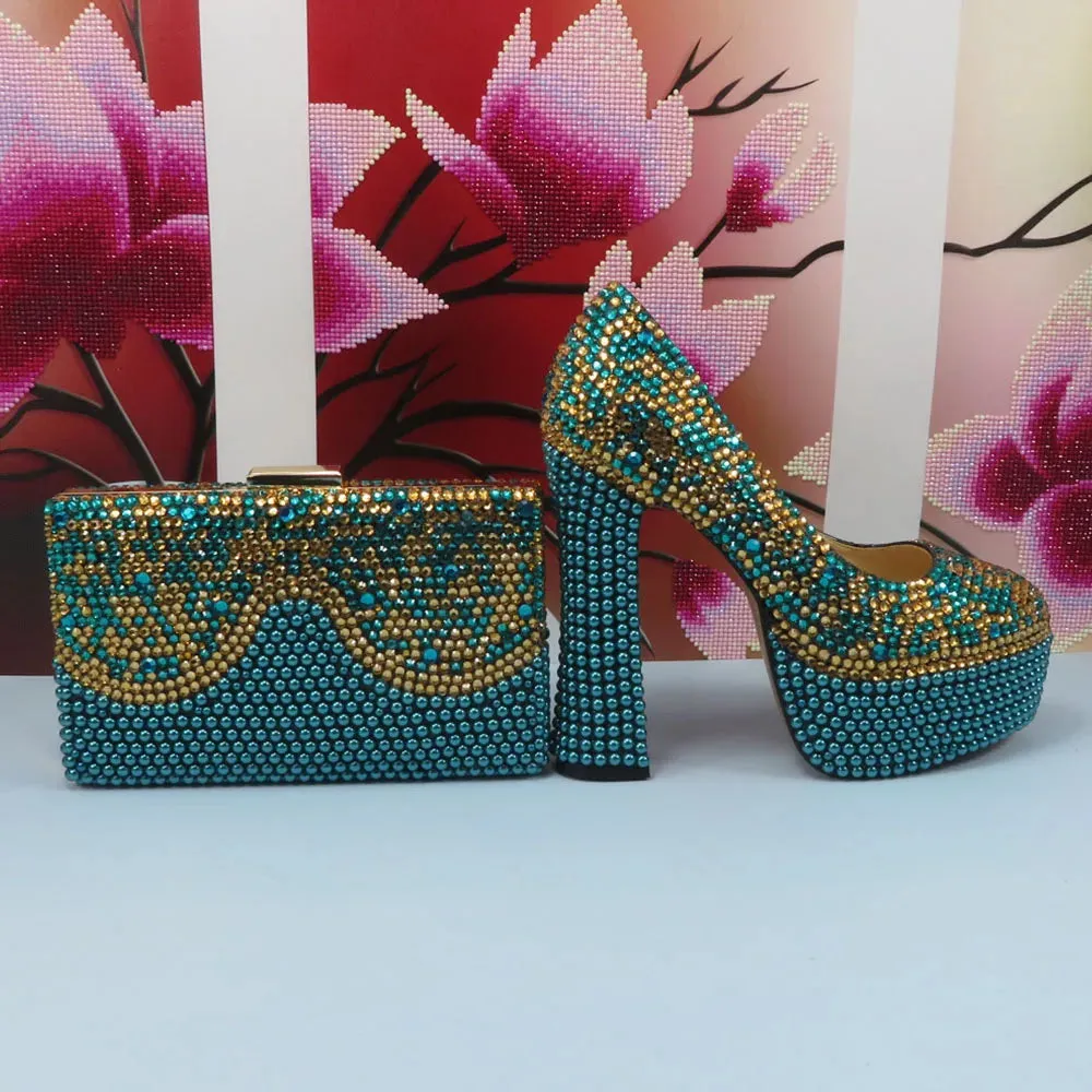 Crystal Teal Blue and Gold Platform Shoes and Matching Clutch Bag Set