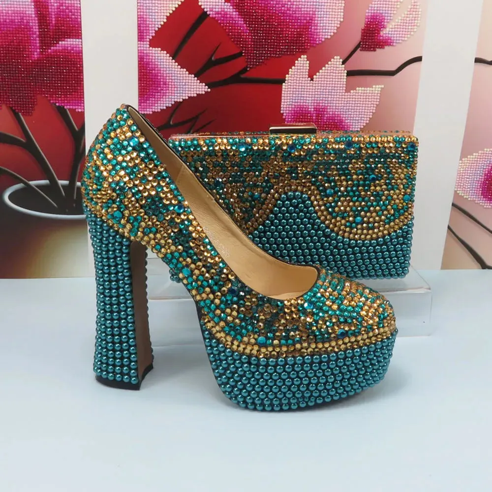 Crystal Teal Blue and Gold Platform Shoes and Matching Clutch Bag Set