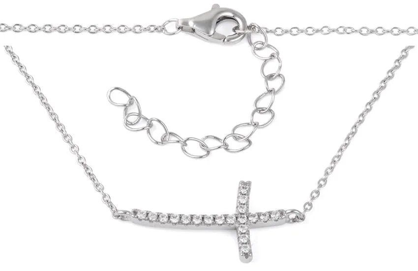 Cubic Zirconia Sideways Cross Sterling Silver Necklace