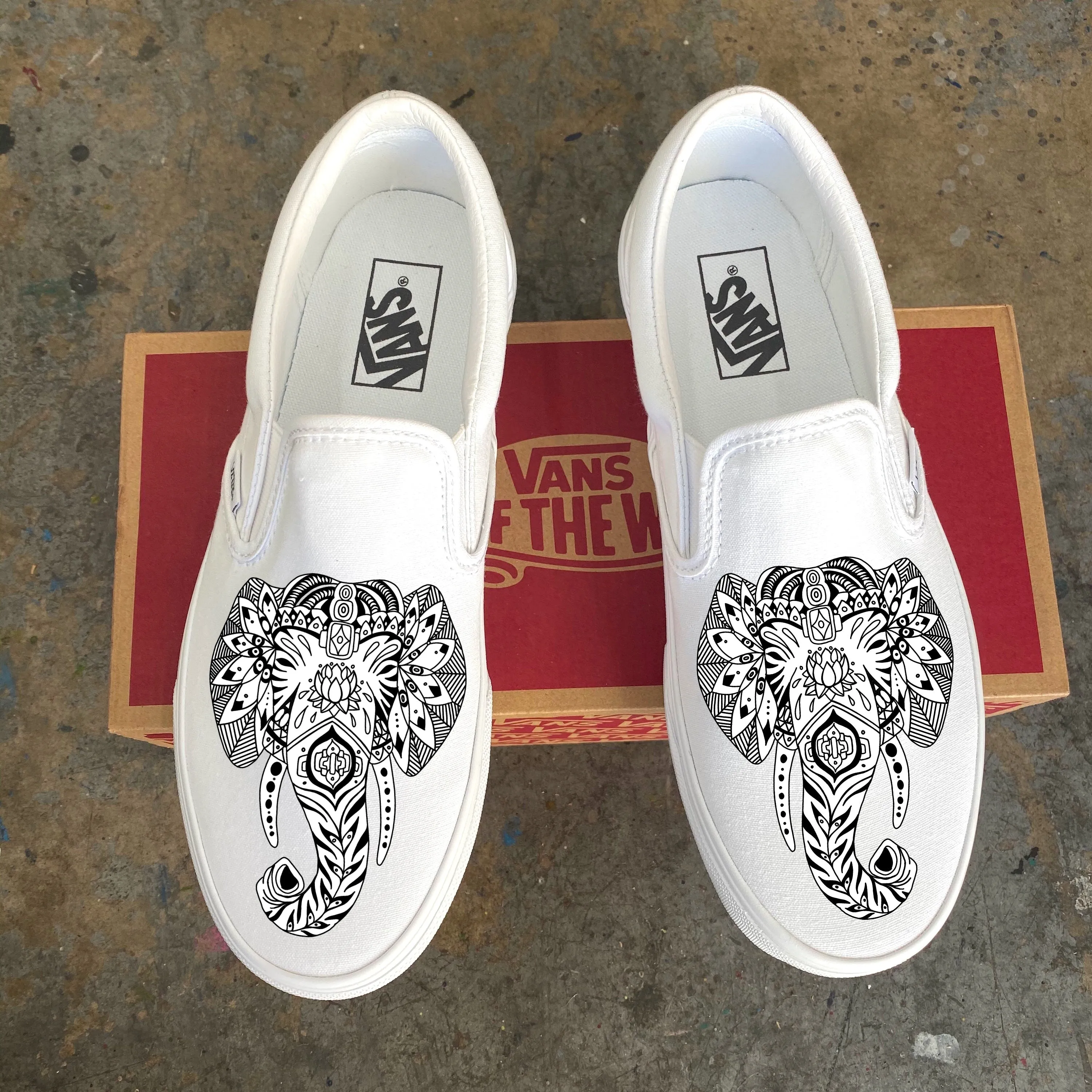 Custom Vans Shoes - Elephant Design Vans White Slip Ons