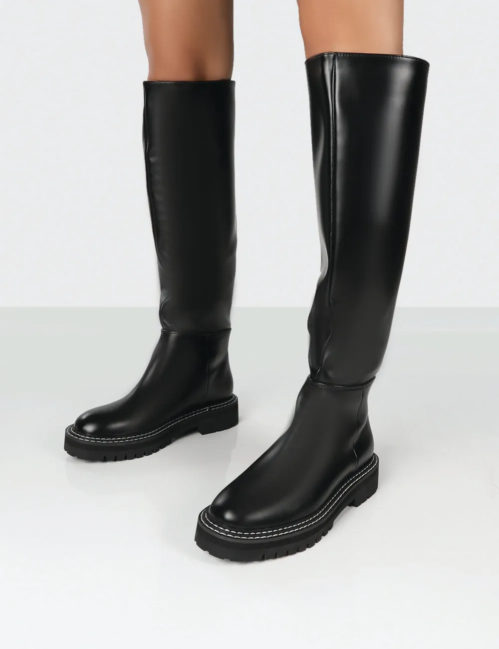 Dana Black Pu Chunky Sole Knee High Boots