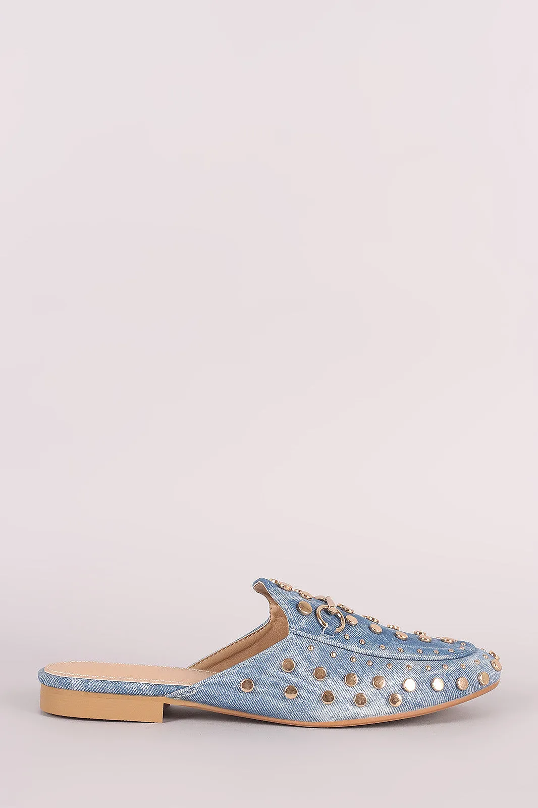 Denim Print Studded Horsebit Accent Slip On Loafer Mules