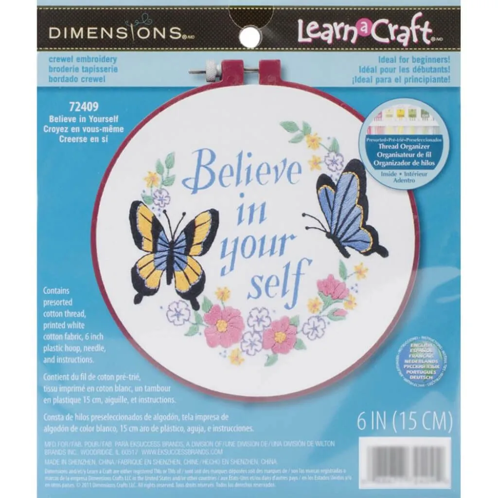 Dimensions/Learn-A-Craft Crewel Embroidery Kit 6in Round Believe In Yourself-Stitched In Thread