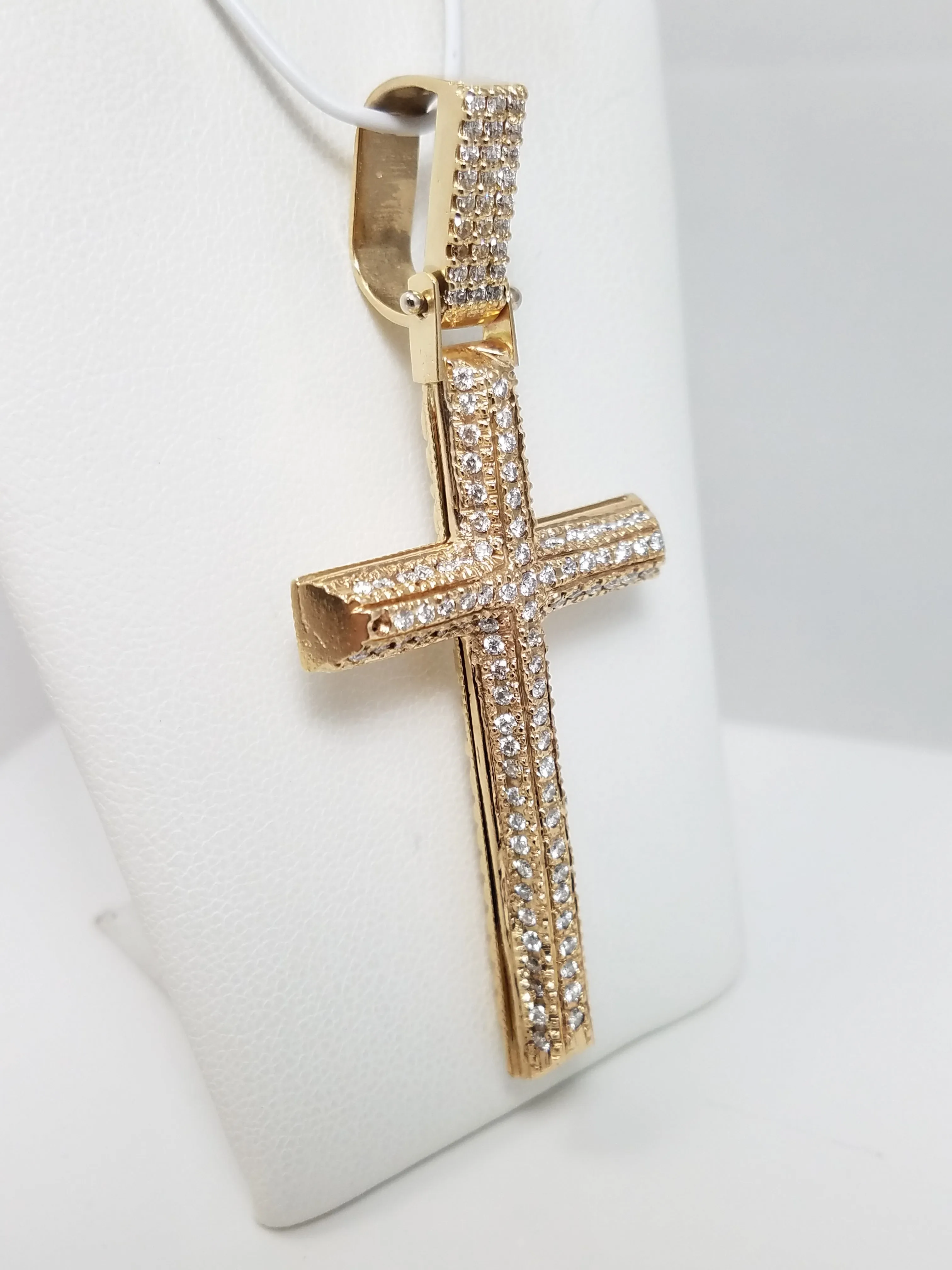 Divine 14k Yellow Gold Natural Diamond 3D Hollow Cross Pendant