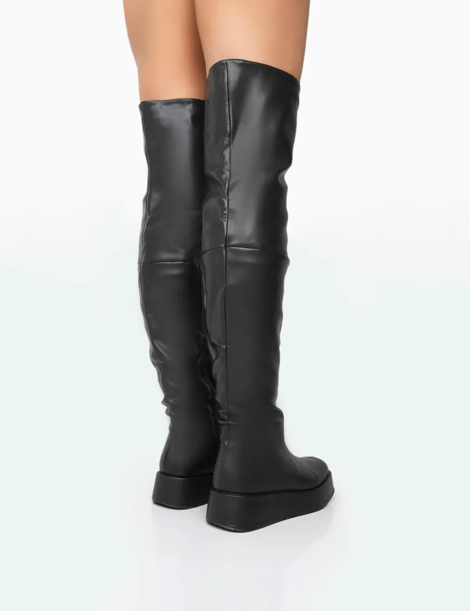 Erica Wide Fit Black Pu Chunky Platform Over The Knee Boots