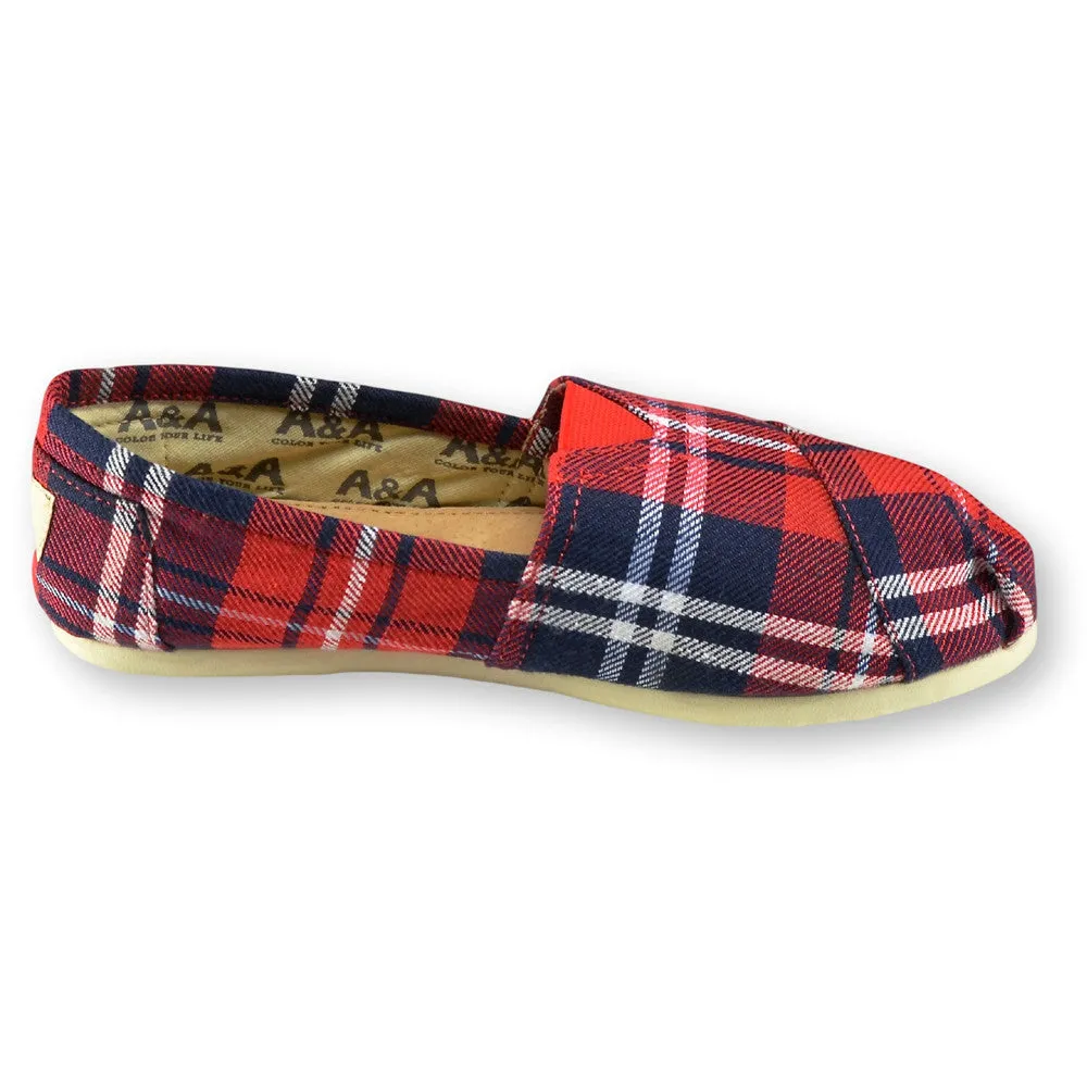 Flannel Red and Blue Canvas Slip On Shoes for Women