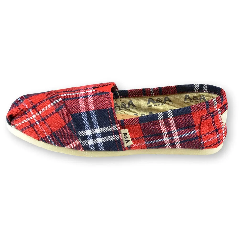 Flannel Red and Blue Canvas Slip On Shoes for Women